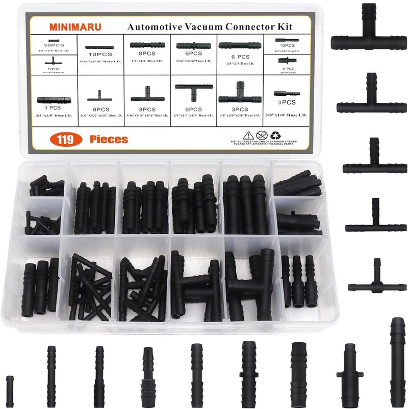 MINIMARU 119PCS Heat Resistant 240℃ (460℉) Nylon Connector Assortment for Automotive Vacuum Tubing Hose Vacuum Tee Kit 14 Sizes Black - Image 1